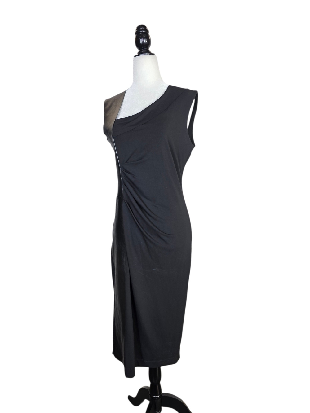 Iris Setlakwe Black Classic leather accent Asymmetric neckline Ruched Midi Dress